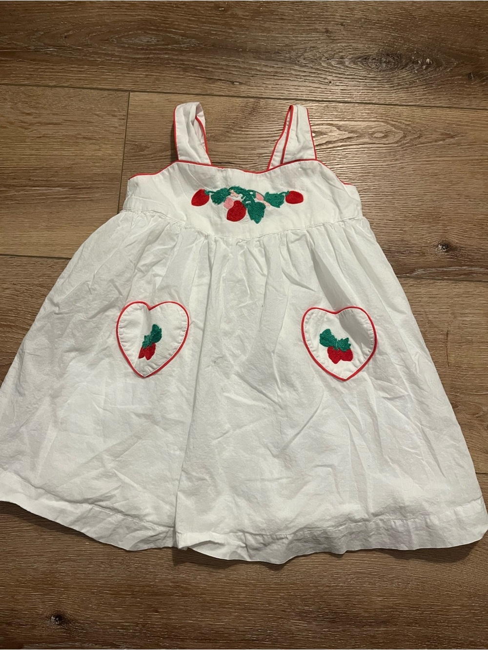 White Girls' Strawberry Embroidered Sundress with Heart Pockets